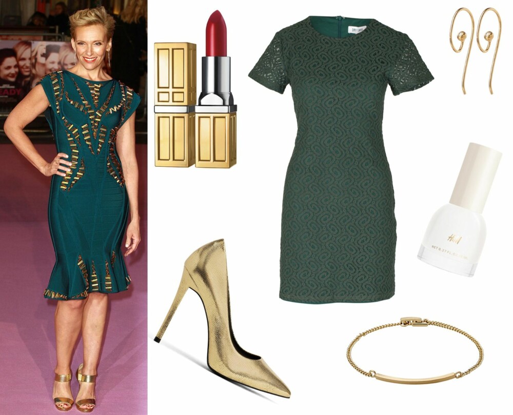 MØRKEGRØNN KJOLE: La deg inspirere av skuespiller Toni Collette. F.v.: Elizabeth Arden Beautiful Color Lipstick, kr 260. Dry Lake kjole, kr 799. Pernille Corydon Petite Simple Hook, kr 449. Aldo Forquer pumps, kr 999. H&M Nail polish, kr 49,50. Pilgrim armbånd, kr 179. MØRKEGRØNN KJOLE: La deg inspirere av skuespiller Toni Collette. F.v.: Elizabeth Arden Beautiful Color Lipstick, kr 260. Dry Lake kjole, kr 799. Pernille Corydon Petite Simple Hook, kr 449. Aldo Forquer pumps, kr 999. H&M Nail polish, kr 49,50. Pilgrim armbånd, kr 179.