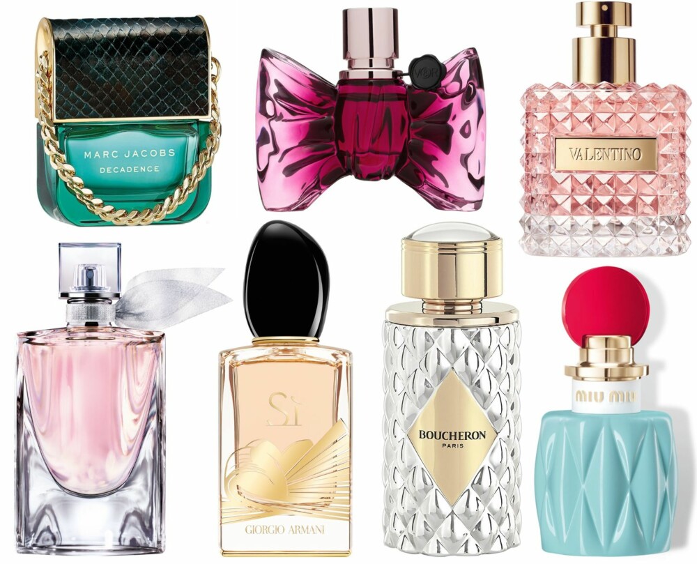 PARFYMER (f.v.): Marc Jacobs Decadence EdP 30 ml, kr 575. Victor & Rolf Bonbon EDP 30 ml, kr 565. Valentino Donna EdP 30 ml, kr 595. La Vie Est Belle Eau de Toilette 50ml, kr 655. Giorgio Armani P Si Golden Bow Bottle 50ml, kr 735. Boucheron Place Vendôme White Gold 100 ml, kr 795. Miu Miu EdP 30 ml, kr 545. PARFYMER (f.v.): Marc Jacobs Decadence EdP 30 ml, kr 575. Victor & Rolf Bonbon EDP 30 ml, kr 565. Valentino Donna EdP 30 ml, kr 595. La Vie Est Belle Eau de Toilette 50ml, kr 655. Giorgio Armani P Si Golden Bow Bottle 50ml, kr 735. Boucheron Place Vendôme White Gold 100 ml, kr 795. Miu Miu EdP 30 ml, kr 545.