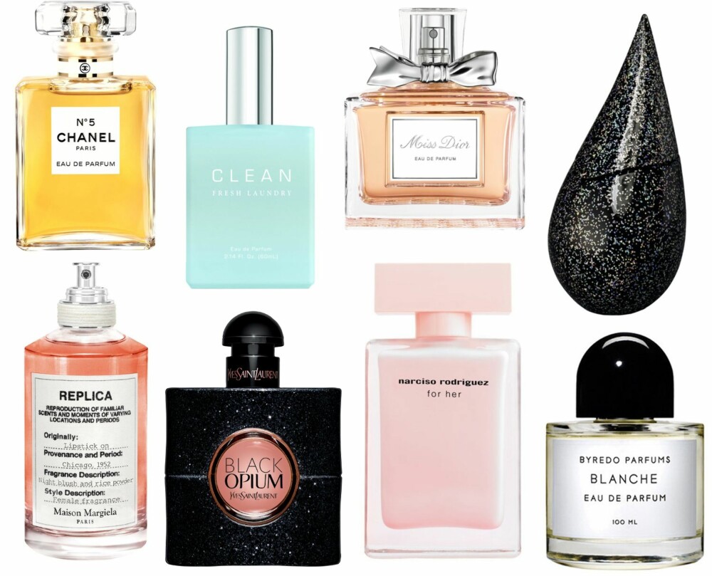 KLASSISKE PARFYMER (f.v.): Chanel no. 5 35ml, kr 710. Clean Fresh Laundry EdP 30 ml, kr 435. Miss Dior Eau de Parfum 30 ml, kr 610. Midnight Rain EdP 50 ml, kr 1025. Maison Margiela Replica Lipstick On, kr 755. Yves Saint Laurent Black Opium EdP 50ml, kr 705. Narcisco Rodriguez For Her EdP 30 ml, kr 545. Byredo Parfums Blanche EdP 100 ml/Heaven Scent, kr 1400. KLASSISKE PARFYMER (f.v.): Chanel no. 5 35ml, kr 710. Clean Fresh Laundry EdP 30 ml, kr 435. Miss Dior Eau de Parfum 30 ml, kr 610. Midnight Rain EdP 50 ml, kr 1025. Maison Margiela Replica Lipstick On, kr 755. Yves Saint Laurent Black Opium EdP 50ml, kr 705. Narcisco Rodriguez For Her EdP 30 ml, kr 545. Byredo Parfums Blanche EdP 100 ml/Heaven Scent, kr 1400.
