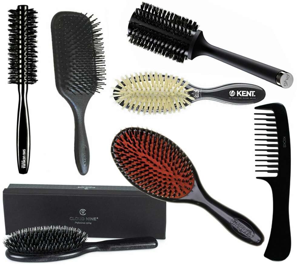 FRA VENSTRE: Cloud Nine Dressing Brush/Nelly.com med gummipute og villsvinblanding, kr 499. Shu Uemura Small Round Brush med villsvinbust, kr 275. Denman Large Paddle Cushion Brush Ball-Tip Nylon Pins, kr 89. Kent Medium Sized Pure Soft White med naturbust, kr 156. Denman Medium Cushion Brush med naturlig villsvinbust, kr 370. GHD Natural Bristle Radial Brush/Nelly.com, kr 299. Kicks Detangeling Comb Handle, kr 49 FRA VENSTRE: Cloud Nine Dressing Brush/Nelly.com med gummipute og villsvinblanding, kr 499. Shu Uemura Small Round Brush med villsvinbust, kr 275. Denman Large Paddle Cushion Brush Ball-Tip Nylon Pins, kr 89. Kent Medium Sized Pure Soft White med naturbust, kr 156. Denman Medium Cushion Brush med naturlig villsvinbust, kr 370. GHD Natural Bristle Radial Brush/Nelly.com, kr 299. Kicks Detangeling Comb Handle, kr 49