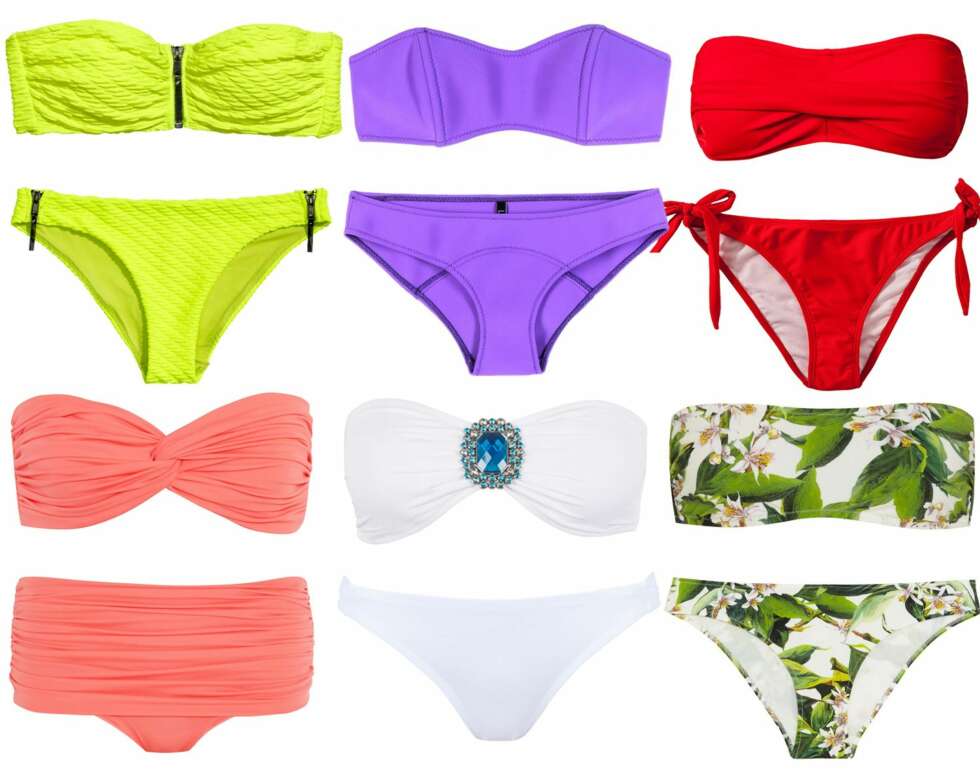 STROPPELØS: Øverst fra venstre: Knallgul topp med glidelås (kr 149) og underdel (kr 99) fra H&M. Lilla bikinisett (kr 2016) fra Lisa Marie Fernandez. Rød overdel (kr 199) og underdel (kr 199) fra Wonderland. Ferskenfarget topp (kr 1995) og underdel (kr 1995) fra Norma Kamali/Net-a-porter.com. Hvit overdel med blå stein (kr 149) og hvit underdel (kr 99) fra Cubus. Overdel (kr 3044) og underdel (3044) med jungelprint fra Dolce & Gabbana/Net-a-porter.com STROPPELØS: Øverst fra venstre: Knallgul topp med glidelås (kr 149) og underdel (kr 99) fra H&M. Lilla bikinisett (kr 2016) fra Lisa Marie Fernandez. Rød overdel (kr 199) og underdel (kr 199) fra Wonderland. Ferskenfarget topp (kr 1995) og underdel (kr 1995) fra Norma Kamali/Net-a-porter.com. Hvit overdel med blå stein (kr 149) og hvit underdel (kr 99) fra Cubus. Overdel (kr 3044) og underdel (3044) med jungelprint fra Dolce & Gabbana/Net-a-porter.com