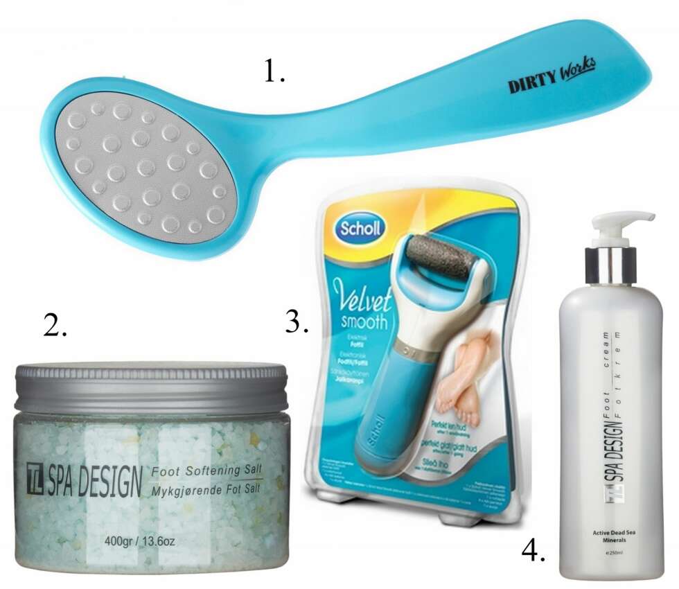 STELL PENT: 1. Smoothing Foot File fra Dirty Works (kr 79), 2. Footsalt fra TL Design (kr 239), 3. Velvet Smooth fra Scholl (kr 399), 4. Fotkrem fra TL Design (kr 229). STELL PENT: 1. Smoothing Foot File fra Dirty Works (kr 79), 2. Footsalt fra TL Design (kr 239), 3. Velvet Smooth fra Scholl (kr 399), 4. Fotkrem fra TL Design (kr 229).