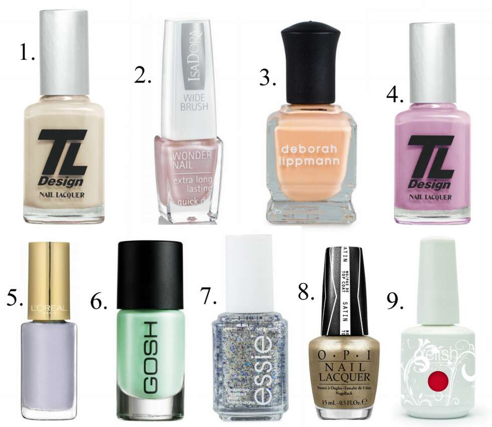 SOMMERENS FARGER: 1. Pale Yellow Corvette fra TL Design (kr 119), 2. Wonder Nail Glacè fra Isadora (kr 89), 3. Tip Toe Through The Tulips fra Deborah Lippmann (kr 169), 4. Lilac Lincoln (kr 119), 5. Color Riche Nouvelle Vague fra L'Oréal (kr 59), 6. Nail Laquer Miss Minty fra Gosh (kr 79), 7. On A Silver Plate fra Essie (kr 139), 8. Love Angel Music Baby fra OPI (kr 150), 9. Gelish Gele-lakk Rød (kr 450 for behandling). SOMMERENS FARGER: 1. Pale Yellow Corvette fra TL Design (kr 119), 2. Wonder Nail Glacè fra Isadora (kr 89), 3. Tip Toe Through The Tulips fra Deborah Lippmann (kr 169), 4. Lilac Lincoln (kr 119), 5. Color Riche Nouvelle Vague fra L'Oréal (kr 59), 6. Nail Laquer Miss Minty fra Gosh (kr 79), 7. On A Silver Plate fra Essie (kr 139), 8. Love Angel Music Baby fra OPI (kr 150), 9. Gelish Gele-lakk Rød (kr 450 for behandling).