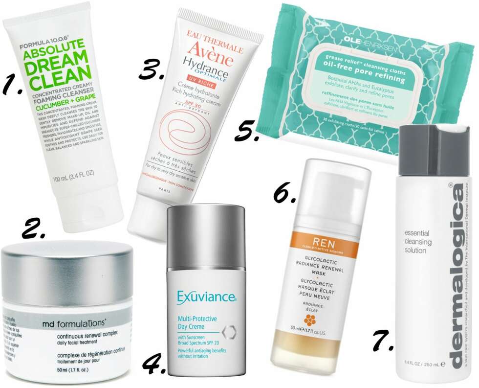 GODE PRODUKTER: <b>1.</b> Formula 10.0.6 Absolute Dream Clean, kr 99. <b>2.</b> MD Formulation Continuous Renewal Complex, kr 485. <b>3.</b> Avene Hydrance Optimale UB Riche SPF 20, kr 185. <b>4.</b> Exuviance Multi-Protective Day Cream SPF 20, kr 399. <b>5.</b> Ole Henriksen Grease Relief Cleansing Cloths, kr 195. <b>6.</b> REN Glycolatic Radiance Reneval Mask, kr 395. <b>7.</b> Dermalogica Essential Cleansing Solution, kr 350. GODE PRODUKTER: <b>1.</b> Formula 10.0.6 Absolute Dream Clean, kr 99. <b>2.</b> MD Formulation Continuous Renewal Complex, kr 485. <b>3.</b> Avene Hydrance Optimale UB Riche SPF 20, kr 185. <b>4.</b> Exuviance Multi-Protective Day Cream SPF 20, kr 399. <b>5.</b> Ole Henriksen Grease Relief Cleansing Cloths, kr 195. <b>6.</b> REN Glycolatic Radiance Reneval Mask, kr 395. <b>7.</b> Dermalogica Essential Cleansing Solution, kr 350.