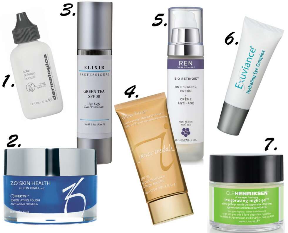 ANBEFALTE PRODUKTER: <b>1.</b> Dermalogica Solar Defense Booster SPF 50, kr 590. <b>2.</b> Zo Skin Health Offects Exfoliating Polish, kr 780. <b>3.</b> Elixir Professional Green Tea SPF 30, kr 590. <b>4.</b> Jane Iredale Glow Time Full Coverage Mineral BB Cream, kr 690. <b>5.</b> REN Bio Retinoid Anti-Aging Cream, kr 595. <b>6.</b> Exuviance Hydrating Eye Complex, kr 399. <b>7.</b> Ole Henriksen Invigorating Night Gel, kr 610. ANBEFALTE PRODUKTER: <b>1.</b> Dermalogica Solar Defense Booster SPF 50, kr 590. <b>2.</b> Zo Skin Health Offects Exfoliating Polish, kr 780. <b>3.</b> Elixir Professional Green Tea SPF 30, kr 590. <b>4.</b> Jane Iredale Glow Time Full Coverage Mineral BB Cream, kr 690. <b>5.</b> REN Bio Retinoid Anti-Aging Cream, kr 595. <b>6.</b> Exuviance Hydrating Eye Complex, kr 399. <b>7.</b> Ole Henriksen Invigorating Night Gel, kr 610.
