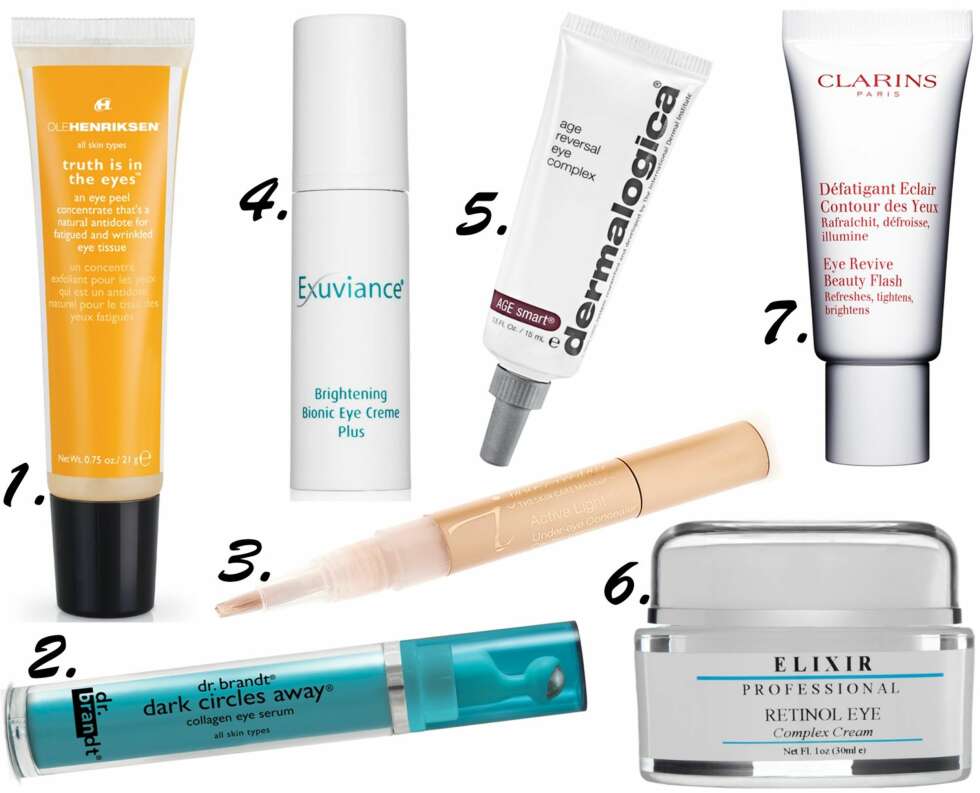 ØYEKREM MOT MØRKE RINGER: <b>1.</b> Ole Hneriksen Truth is in the eyes, kr 590. <b>2.</b> dr. Brandt Dark cirkle away collagen eye serum, kr 475. <b>3.</b> Jane Iredale Active Light Under-eye Concealer, kr 265. <b>4.</b> Exuviance Brightening Bionic Eye Crme Plus, kr 499. <b>5.</b> Dermalogica age reversal eye complex, kr 610. <b>6.</b> Elixir Professional Retinol Eye Complex Cream, kr 890. <b>7.</b> Clarins Eye Revive Beauty Flash, kr 345. ØYEKREM MOT MØRKE RINGER: <b>1.</b> Ole Hneriksen Truth is in the eyes, kr 590. <b>2.</b> dr. Brandt Dark cirkle away collagen eye serum, kr 475. <b>3.</b> Jane Iredale Active Light Under-eye Concealer, kr 265. <b>4.</b> Exuviance Brightening Bionic Eye Crme Plus, kr 499. <b>5.</b> Dermalogica age reversal eye complex, kr 610. <b>6.</b> Elixir Professional Retinol Eye Complex Cream, kr 890. <b>7.</b> Clarins Eye Revive Beauty Flash, kr 345.