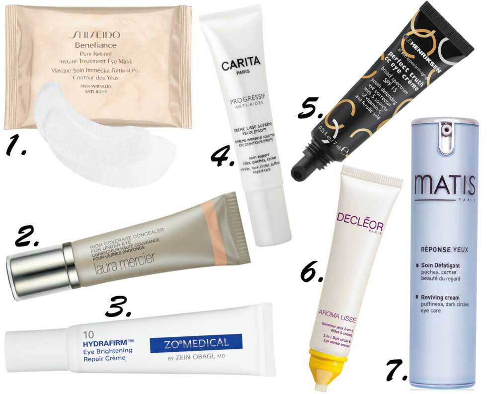 GODE PRODUKTER: <b>1.</b> Shiseido Benefiance Pure Retinol Instant Treatment Eye Mask, kr 595. <b>2.</b> Laura Mercier High Coverage Concelaer, kr 280. <b>3.</b> Zo Medical Hydrafirm Eye Brightening Repair Crème, kr 1290. <b>4.</b> Carita Progressif Anti-Rides Supreme Wrinkle Solution Eye Contour, kr 680. <b>5.</b> Ole Henriksen perfect truth cc eye crème, kr 335. <b>6.</b> Decléor Aroma Lisse 2-in-1 Dark cirkle & Eye wrinkle eraser, kr 449. <b>7.</b> Matis Réponse Yeux Reviving cream, kr 559. GODE PRODUKTER: <b>1.</b> Shiseido Benefiance Pure Retinol Instant Treatment Eye Mask, kr 595. <b>2.</b> Laura Mercier High Coverage Concelaer, kr 280. <b>3.</b> Zo Medical Hydrafirm Eye Brightening Repair Crème, kr 1290. <b>4.</b> Carita Progressif Anti-Rides Supreme Wrinkle Solution Eye Contour, kr 680. <b>5.</b> Ole Henriksen perfect truth cc eye crème, kr 335. <b>6.</b> Decléor Aroma Lisse 2-in-1 Dark cirkle & Eye wrinkle eraser, kr 449. <b>7.</b> Matis Réponse Yeux Reviving cream, kr 559.