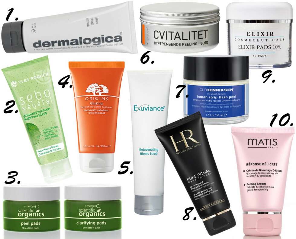 SKRUBB I VEI: <b>1.</b> Dermalogica Skin Prep Scrub, kr 350. <b>2.</b> Yves Rocher Seba Végétal Purifying Scrub, kr 75. <b>3.</b> EmerginC At-home Facial Peel and Clarifying sett, kr 699. <b>4.</b> Origins GinZeng Refreshing Scrub Cleaner, kr 160. <b>5.</b> Exuviance Rejuventaing Bionic Scrub, kr 274. <b>6.</b> Kremfresh Cvitalitet dyprtrensende peeling, kr 210. <b>7.</b> Ole Henriksen Lemon Strip FLash Peel, kr 590. <b>8.</b> Helena Rubinstein Pure Ritual Care-in-Peel, kr 450. <b>9.</b> Elixir Elixir Pads 10%, kr 690. <b>10.</b> Matis Réponse Délicate Peeling Cream, kr 479. SKRUBB I VEI: <b>1.</b> Dermalogica Skin Prep Scrub, kr 350. <b>2.</b> Yves Rocher Seba Végétal Purifying Scrub, kr 75. <b>3.</b> EmerginC At-home Facial Peel and Clarifying sett, kr 699. <b>4.</b> Origins GinZeng Refreshing Scrub Cleaner, kr 160. <b>5.</b> Exuviance Rejuventaing Bionic Scrub, kr 274. <b>6.</b> Kremfresh Cvitalitet dyprtrensende peeling, kr 210. <b>7.</b> Ole Henriksen Lemon Strip FLash Peel, kr 590. <b>8.</b> Helena Rubinstein Pure Ritual Care-in-Peel, kr 450. <b>9.</b> Elixir Elixir Pads 10%, kr 690. <b>10.</b> Matis Réponse Délicate Peeling Cream, kr 479.