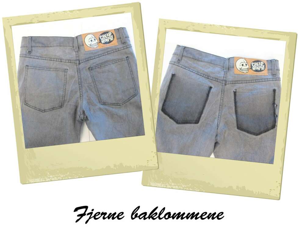BAKLOMMENE: For å personliggjøre baklommene på jeansen kan du sy på et annet stoff, eller du kan sprette dem opp og fjerne dem. BAKLOMMENE: For å personliggjøre baklommene på jeansen kan du sy på et annet stoff, eller du kan sprette dem opp og fjerne dem.