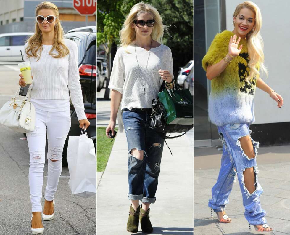 RIPPED JEANS: Kjendisene elsker å gå med ripped jeans. Paris Hilton har valgt en buske med smale hull, Sarah Michelle Gellar har en jeans med noen store hull, mens Rita Ora har gått all in med en bukse med flere kjempe store hull. RIPPED JEANS: Kjendisene elsker å gå med ripped jeans. Paris Hilton har valgt en buske med smale hull, Sarah Michelle Gellar har en jeans med noen store hull, mens Rita Ora har gått all in med en bukse med flere kjempe store hull.