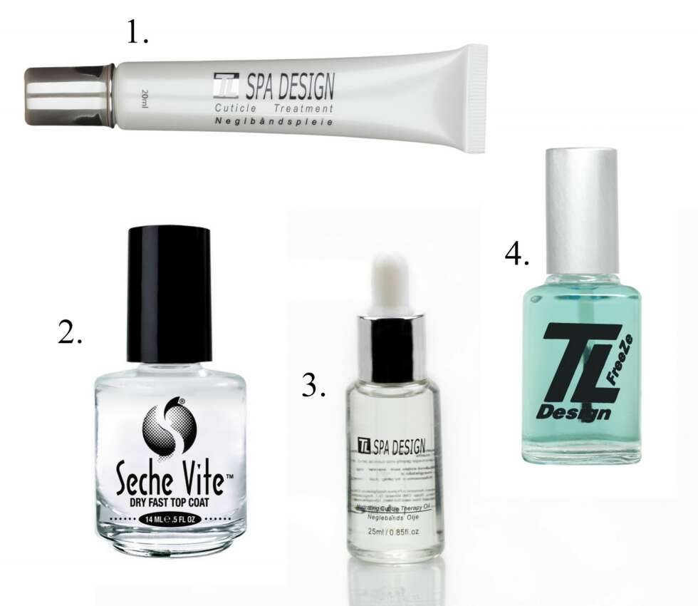 FERDIGLAGDE HJELPEMIDLER: 1. Design Cuticle Treatment fra TL Design, kr 119. 2. Dry-fast Top Coat fra Seche Vite, kr 139. 3. Hydrating Cuticle Therapy fra TL Design, kr 145. 4. Freeze fra TL Design, kr 129. FERDIGLAGDE HJELPEMIDLER: 1. Design Cuticle Treatment fra TL Design, kr 119. 2. Dry-fast Top Coat fra Seche Vite, kr 139. 3. Hydrating Cuticle Therapy fra TL Design, kr 145. 4. Freeze fra TL Design, kr 129.