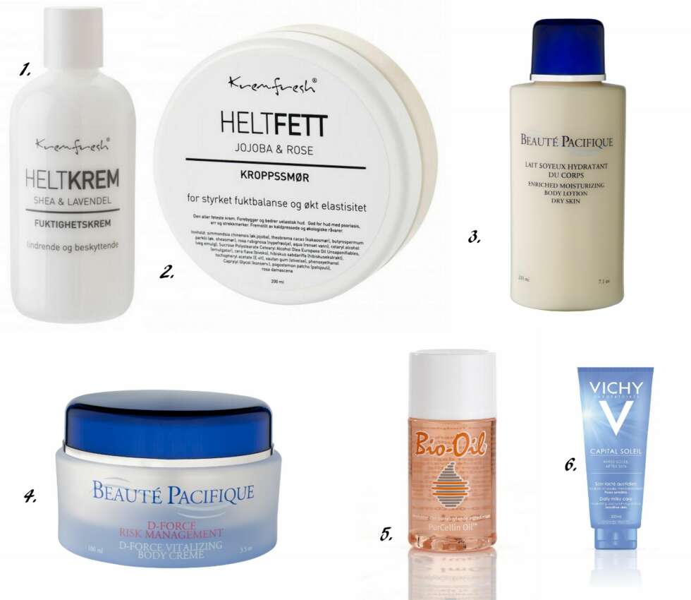 FERDIGLAGET: 1. Helt krem med shea og lavendel fra Krem Fresh (kr 239), 2. Helt fett med jojoba og rose fra Krem Fresh (kr 349), 3. Lait Soyeux Hydratant du Corps fra Beauté Pacifique (kr 299 for 200ml), 4. D-force Risk Managerment Body Cream fra Beauté Pacifique (kr 379), 5. Bio Oil (kr 119), 6. Vichy Capital Soleil After Sun (kr 206). FERDIGLAGET: 1. Helt krem med shea og lavendel fra Krem Fresh (kr 239), 2. Helt fett med jojoba og rose fra Krem Fresh (kr 349), 3. Lait Soyeux Hydratant du Corps fra Beauté Pacifique (kr 299 for 200ml), 4. D-force Risk Managerment Body Cream fra Beauté Pacifique (kr 379), 5. Bio Oil (kr 119), 6. Vichy Capital Soleil After Sun (kr 206).