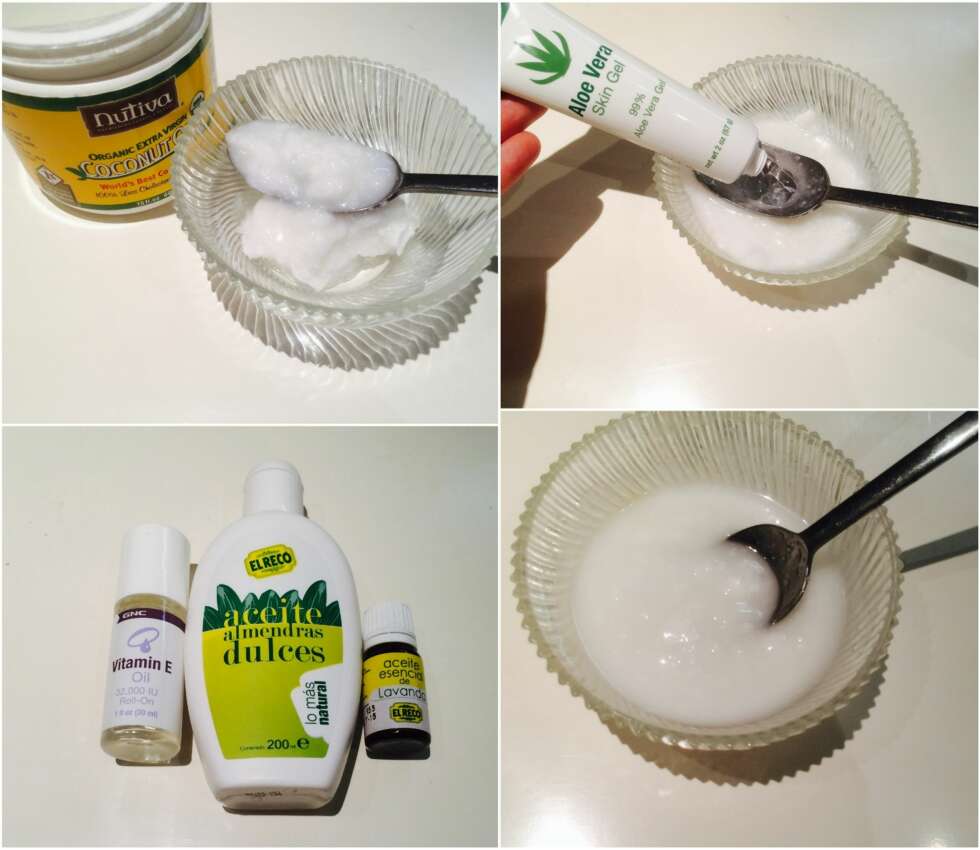 BASEN: Begynn med cirka to spiseskjeer kokosolje. Bland inn to spiseskjeer Aloe vera, og tilsett lindrende og berikende oljer som e-vitamin, søt mandel olje og lavendel olje. Rør godt sammen. BASEN: Begynn med cirka to spiseskjeer kokosolje. Bland inn to spiseskjeer Aloe vera, og tilsett lindrende og berikende oljer som e-vitamin, søt mandel olje og lavendel olje. Rør godt sammen.
