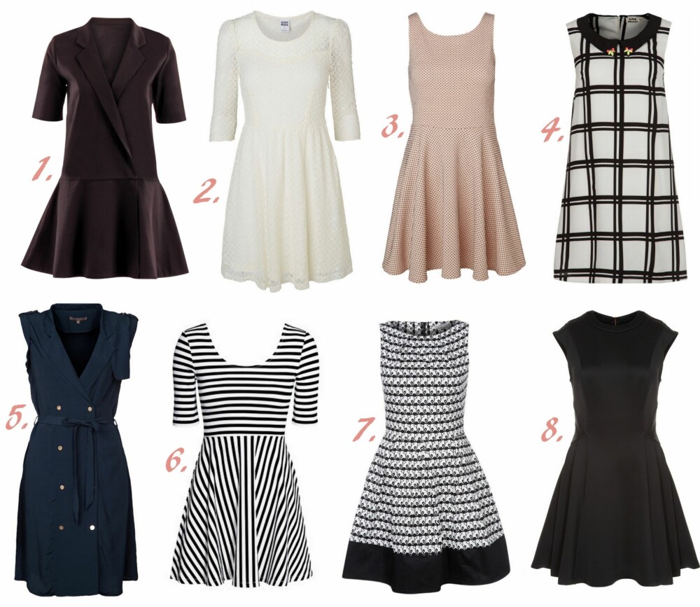 PÅ JOBB: 1. Pia Dress fra byMagMaLou str. XS-XL (kr 1699), 2. Blondekjole fra Vero Moda str. 34-42 (kr 399,95), 3. Chery Kjole fra Vero Moda str. XS-XL (kr 349,95), 4. Kjole fra Molly Bracken på zalando.no str. S-L (kr 549), 5. Sommerkjole fra Mint&Berry på zalando.no str. 34-42 (kr 699), 6. Kort trikotkjole fra H&M str. XS-L (kr 199), 7. Kjole fra Closet på zalando.no str. 34-42 (kr 599), 8. Nistee jerseykjole fra Ted Baker str. 34-42 (kr 1 195). PÅ JOBB: 1. Pia Dress fra byMagMaLou str. XS-XL (kr 1699), 2. Blondekjole fra Vero Moda str. 34-42 (kr 399,95), 3. Chery Kjole fra Vero Moda str. XS-XL (kr 349,95), 4. Kjole fra Molly Bracken på zalando.no str. S-L (kr 549), 5. Sommerkjole fra Mint&Berry på zalando.no str. 34-42 (kr 699), 6. Kort trikotkjole fra H&M str. XS-L (kr 199), 7. Kjole fra Closet på zalando.no str. 34-42 (kr 599), 8. Nistee jerseykjole fra Ted Baker str. 34-42 (kr 1 195).