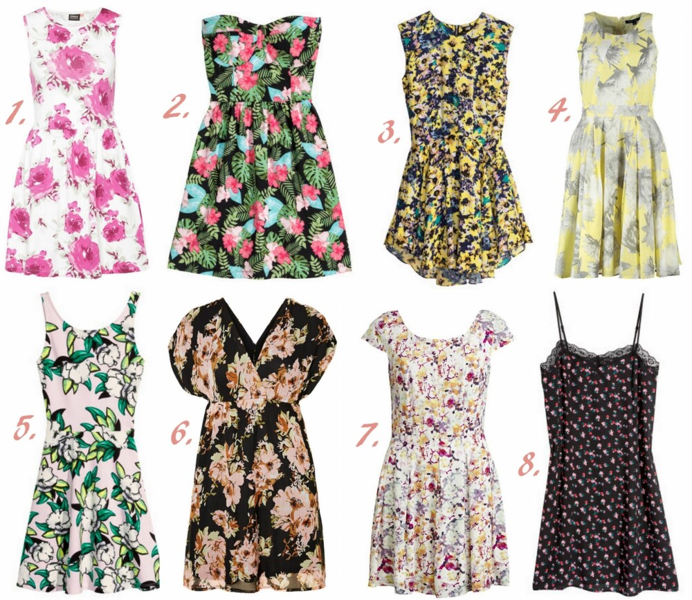 PÅ SOMMERFERIE: 1. Miella Kjole fra Only str. XS-XL (kr 159), 2. Blomstrete bandeau-kjole fra H&M str. XS-L (kr 99), 3. Mønstret kjole fra H&M str. 34-46 (kr 399), 4. Lily Kjole fra French Connection str. 32-42 (kr 1175), 5. Trikotkjole fra H&M str. 32-44 (kr 149), 6. Blomstrete kjole fra Vero Moda str. XS-XL (kr 249,95), 7. Filoa Dress fra Vila str. XS-XL (kr 499,95), 8. Kort kjole fra H&M str. 32-44 (kr 149). PÅ SOMMERFERIE: 1. Miella Kjole fra Only str. XS-XL (kr 159), 2. Blomstrete bandeau-kjole fra H&M str. XS-L (kr 99), 3. Mønstret kjole fra H&M str. 34-46 (kr 399), 4. Lily Kjole fra French Connection str. 32-42 (kr 1175), 5. Trikotkjole fra H&M str. 32-44 (kr 149), 6. Blomstrete kjole fra Vero Moda str. XS-XL (kr 249,95), 7. Filoa Dress fra Vila str. XS-XL (kr 499,95), 8. Kort kjole fra H&M str. 32-44 (kr 149).