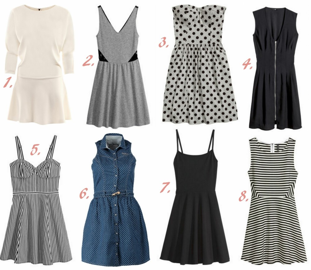 UTE MED JENTENE: 1. Marthe Mini Dress fra byMagMaLou str. XS-XL (kr 1499), 2. Blondekjole fra H&M str. XS-L (kr 99), 3. Bandeau-kjole fra H&M str. XS-L (kr 99), 4. Ermløs kjole fra H&M str. 34-46 (kr 199), 5. Bomullskjole fra H&M str. 34-44 (kr 199), 6. Valentine Dongerikjole fra Pepe Jeans str. XXS-XL (kr 749), 7. Trikotkjole fra H&M str. XS-L (kr 99), 8. Trikotkjole fra H&M str. XS-L (kr 199). UTE MED JENTENE: 1. Marthe Mini Dress fra byMagMaLou str. XS-XL (kr 1499), 2. Blondekjole fra H&M str. XS-L (kr 99), 3. Bandeau-kjole fra H&M str. XS-L (kr 99), 4. Ermløs kjole fra H&M str. 34-46 (kr 199), 5. Bomullskjole fra H&M str. 34-44 (kr 199), 6. Valentine Dongerikjole fra Pepe Jeans str. XXS-XL (kr 749), 7. Trikotkjole fra H&M str. XS-L (kr 99), 8. Trikotkjole fra H&M str. XS-L (kr 199).