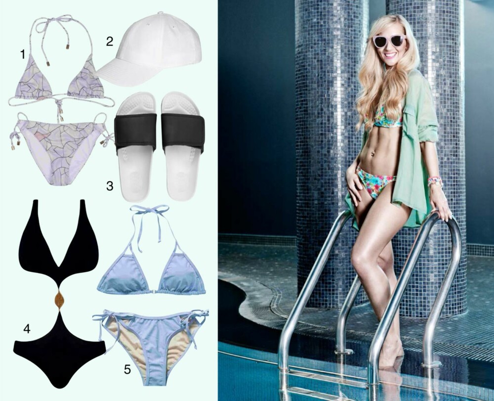 EXTRA SMALL: Rebecka har på seg: Bikinitopp fra Banana Moon kr 545. Bikinitruse fra Banana Moon kr 345. Skjorte fra Lindex kr 299. Armbånd fra Accessorize kr 149. Solbriller fra Lindex kr 79. PRODUKTFORSLAG TIL VENSTRE: 1. Bikini fra Stine Goya, kr 1100. 2. Caps fra H&M, kr 80. 3. Badesko fra H&M, kr 200. 4. Badedrakt fra Lise Charmel, kr 1000. 5. Bikini fra NLY Wonderland, kr 349. EXTRA SMALL: Rebecka har på seg: Bikinitopp fra Banana Moon kr 545. Bikinitruse fra Banana Moon kr 345. Skjorte fra Lindex kr 299. Armbånd fra Accessorize kr 149. Solbriller fra Lindex kr 79. PRODUKTFORSLAG TIL VENSTRE: 1. Bikini fra Stine Goya, kr 1100. 2. Caps fra H&M, kr 80. 3. Badesko fra H&M, kr 200. 4. Badedrakt fra Lise Charmel, kr 1000. 5. Bikini fra NLY Wonderland, kr 349.