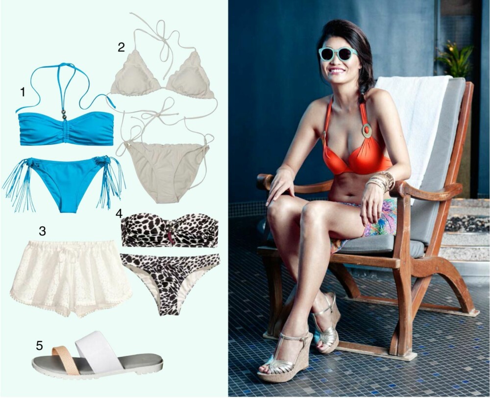 SMALL: Marianne har på seg: Bikinitopp fra Lise Charmel, kr 999. Bikinitruse fra Lise Charmel, kr 495. Solbrille fra Lindex, kr 99. Armbånd fra Accessorize, kr 159. Sko fra Aldo, kr 599. Sjal fra Artigell, kr 395. PRODUKTFORSLAG TIL VENSTRE: 1. Bikinitopp fra H&M, kr 150. Bikinitruse fra H&M, kr 100. 2. Bikinitopp fra Bik Bok, kr 129. Bikinitruse fra Bik Bok, kr 99. 3. Shorts fra NLY Estrader, kr 399. 4. Bikinitopp fra H&M, kr 170. Bikinitruse fra H&M, kr 100. 5. Sandaler fra H&M, kr 250. SMALL: Marianne har på seg: Bikinitopp fra Lise Charmel, kr 999. Bikinitruse fra Lise Charmel, kr 495. Solbrille fra Lindex, kr 99. Armbånd fra Accessorize, kr 159. Sko fra Aldo, kr 599. Sjal fra Artigell, kr 395. PRODUKTFORSLAG TIL VENSTRE: 1. Bikinitopp fra H&M, kr 150. Bikinitruse fra H&M, kr 100. 2. Bikinitopp fra Bik Bok, kr 129. Bikinitruse fra Bik Bok, kr 99. 3. Shorts fra NLY Estrader, kr 399. 4. Bikinitopp fra H&M, kr 170. Bikinitruse fra H&M, kr 100. 5. Sandaler fra H&M, kr 250.