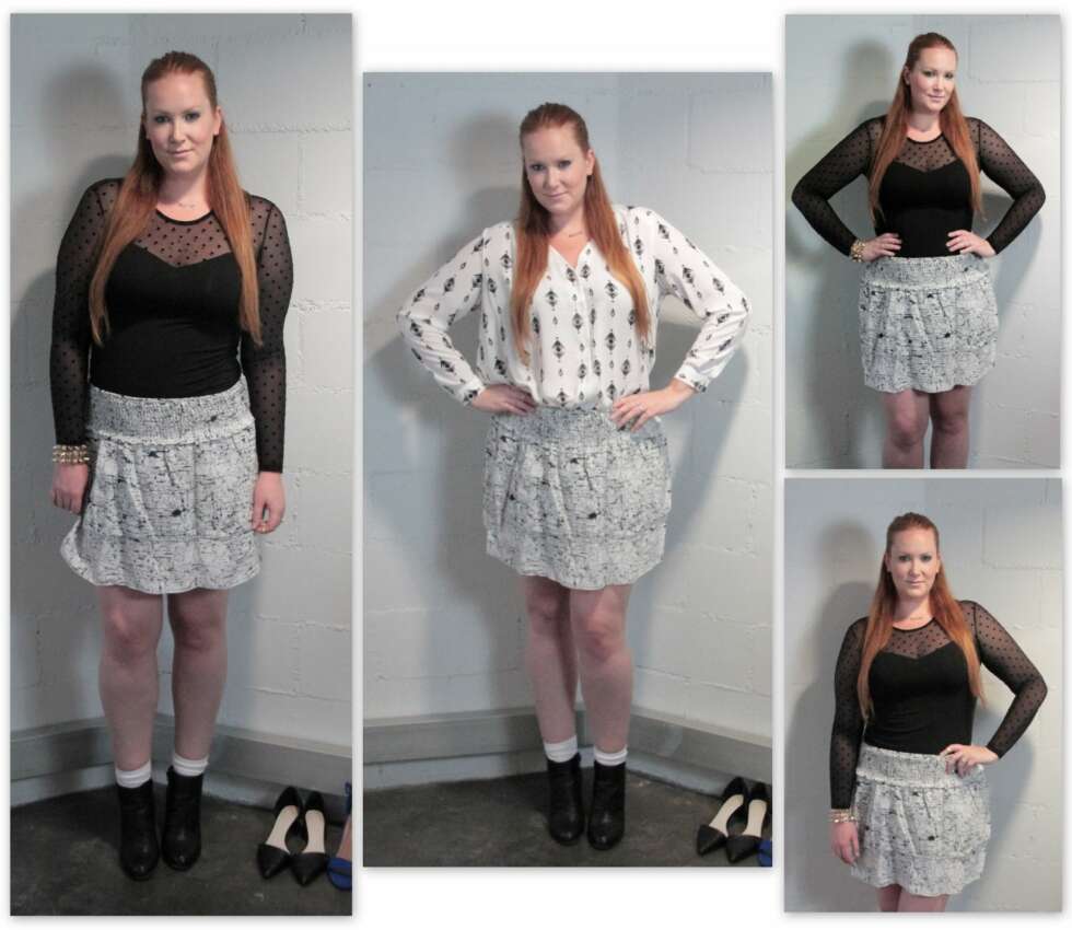 SKJØRT: Sort og hvitt skjørt fra Kappahl (str. 44/46 kr. 399). Sort polkadott-topp fra HM+ (str. xl kr. 199). Hvit og sort bluse fra HM+ (str. 50 kr 249). SKJØRT: Sort og hvitt skjørt fra Kappahl (str. 44/46 kr. 399). Sort polkadott-topp fra HM+ (str. xl kr. 199). Hvit og sort bluse fra HM+ (str. 50 kr 249).