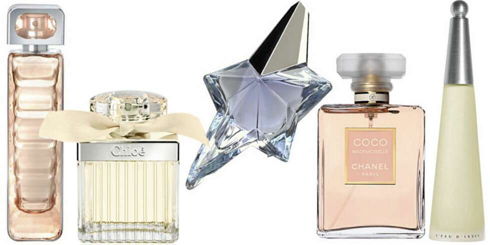 FRA VENSTRE: Boss Boss Orange Woman, Chloé Chloé edp, Thierry Mügler Angel, Chanels Coco Mademoiselle edt, Issey Miyake L`eau d`Issey. FRA VENSTRE: Boss Boss Orange Woman, Chloé Chloé edp, Thierry Mügler Angel, Chanels Coco Mademoiselle edt, Issey Miyake L`eau d`Issey.