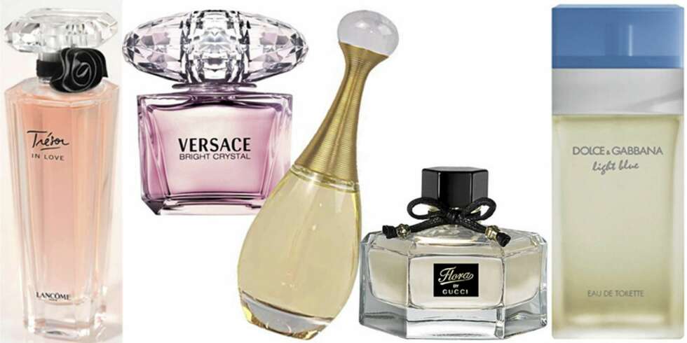 FRA VENSTRE: Lancome Trésor in Love, Versace Bright Crystal, Dior J´adore edt, Gucci Flora by Gucci, Dolce og Gabbana Light Blue. FRA VENSTRE: Lancome Trésor in Love, Versace Bright Crystal, Dior J´adore edt, Gucci Flora by Gucci, Dolce og Gabbana Light Blue.