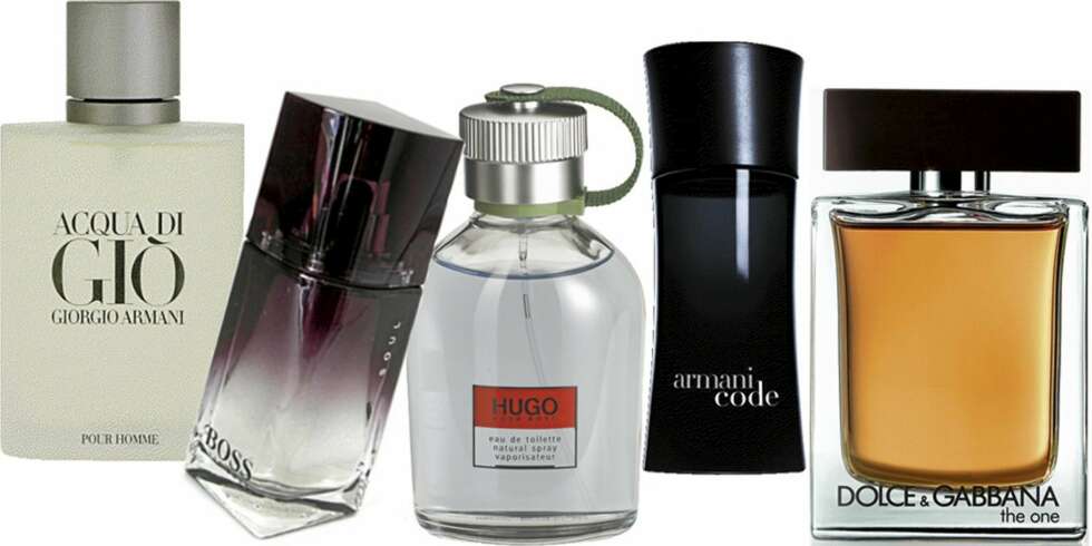 FRA VENSTRE: Armani Aqua di Gió pour home, Boss Boss Soul, Hugo Boss Hugo, Armani Code, Dolce og Gabbana The one for men. FRA VENSTRE: Armani Aqua di Gió pour home, Boss Boss Soul, Hugo Boss Hugo, Armani Code, Dolce og Gabbana The one for men.