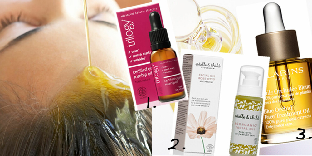 GULL FOR ANSIKTSHUDEN: 1. Trilogy Rosehip Oil, kr 399. 2. Estelle & Thild Rose Otto facial oil, kr 375. 3. Clarins Blue Orchid Face treatment oil, kr 599. GULL FOR ANSIKTSHUDEN: 1. Trilogy Rosehip Oil, kr 399. 2. Estelle & Thild Rose Otto facial oil, kr 375. 3. Clarins Blue Orchid Face treatment oil, kr 599.