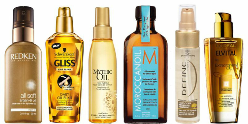 HÅROLJER, FRA VENSTRE: Redken All Soft, kr 299. Schwarzkopf Gliss Daily Oil Elixir, kr 90. L'Oréal Professionnel Mythic Oil, kr 225. Moroccan Oil Moroccan Oil Treatment, kr 299. Define Moroccan Argan Oil Treatment, kr 93. L'Oréal Elvital Extraordinary Oil, kr 99. HÅROLJER, FRA VENSTRE: Redken All Soft, kr 299. Schwarzkopf Gliss Daily Oil Elixir, kr 90. L'Oréal Professionnel Mythic Oil, kr 225. Moroccan Oil Moroccan Oil Treatment, kr 299. Define Moroccan Argan Oil Treatment, kr 93. L'Oréal Elvital Extraordinary Oil, kr 99.