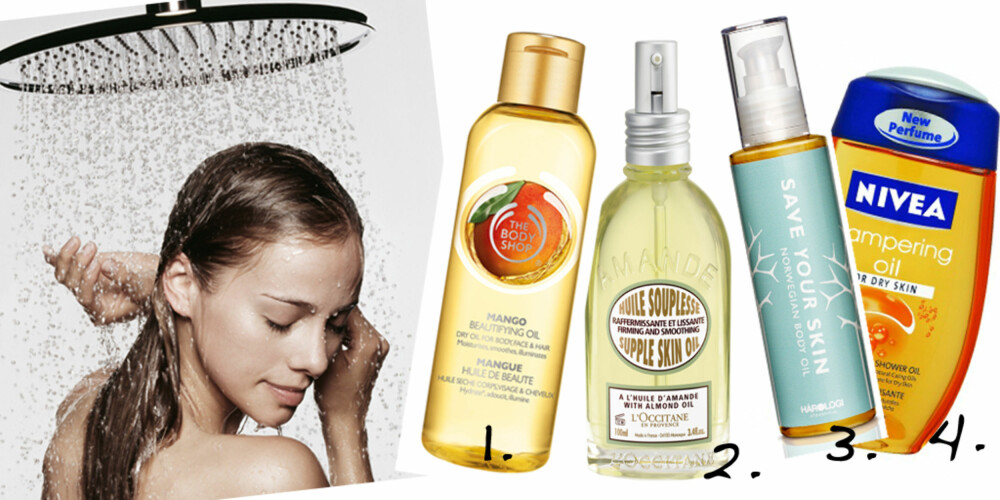PÅ KROPPEN: Dropp bodylotion og såpe til fordel for oljer. 1. The Body Shop Mango Beautifying Oil, kr 179. 2. L'occitane Almond supple skin oil, kr 359. , kr 3. Hårologi Norwegian body oil, kr 257. 4. Nivea Pampering shower oil , kr 49. PÅ KROPPEN: Dropp bodylotion og såpe til fordel for oljer. 1. The Body Shop Mango Beautifying Oil, kr 179. 2. L'occitane Almond supple skin oil, kr 359. , kr 3. Hårologi Norwegian body oil, kr 257. 4. Nivea Pampering shower oil , kr 49.