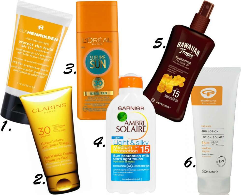 ULIKE SOLKRMER: <b>1.</b> Ole Henriksen Protect the truth SPF 50+ Sunscreen, kr 485. <b>2.</b> Clarins Sun Wrinkle Control Cream For Face SPF 30, kr 230. <b>3.</b> L'Oréal Sublime Sun Beautifying Milk SPF 30, kr 159. <b>4.</b> Garnier Ambre Solaire Light & Silky SPF 15, kr 139. <b>5.</b> Hawaiian Tropic Protective Dry Spray Oil SPF 15, kr 115. <b>6.</b> Green People Sun Care Sun Lotion SPF 25, kr 259. ULIKE SOLKRMER: <b>1.</b> Ole Henriksen Protect the truth SPF 50+ Sunscreen, kr 485. <b>2.</b> Clarins Sun Wrinkle Control Cream For Face SPF 30, kr 230. <b>3.</b> L'Oréal Sublime Sun Beautifying Milk SPF 30, kr 159. <b>4.</b> Garnier Ambre Solaire Light & Silky SPF 15, kr 139. <b>5.</b> Hawaiian Tropic Protective Dry Spray Oil SPF 15, kr 115. <b>6.</b> Green People Sun Care Sun Lotion SPF 25, kr 259.