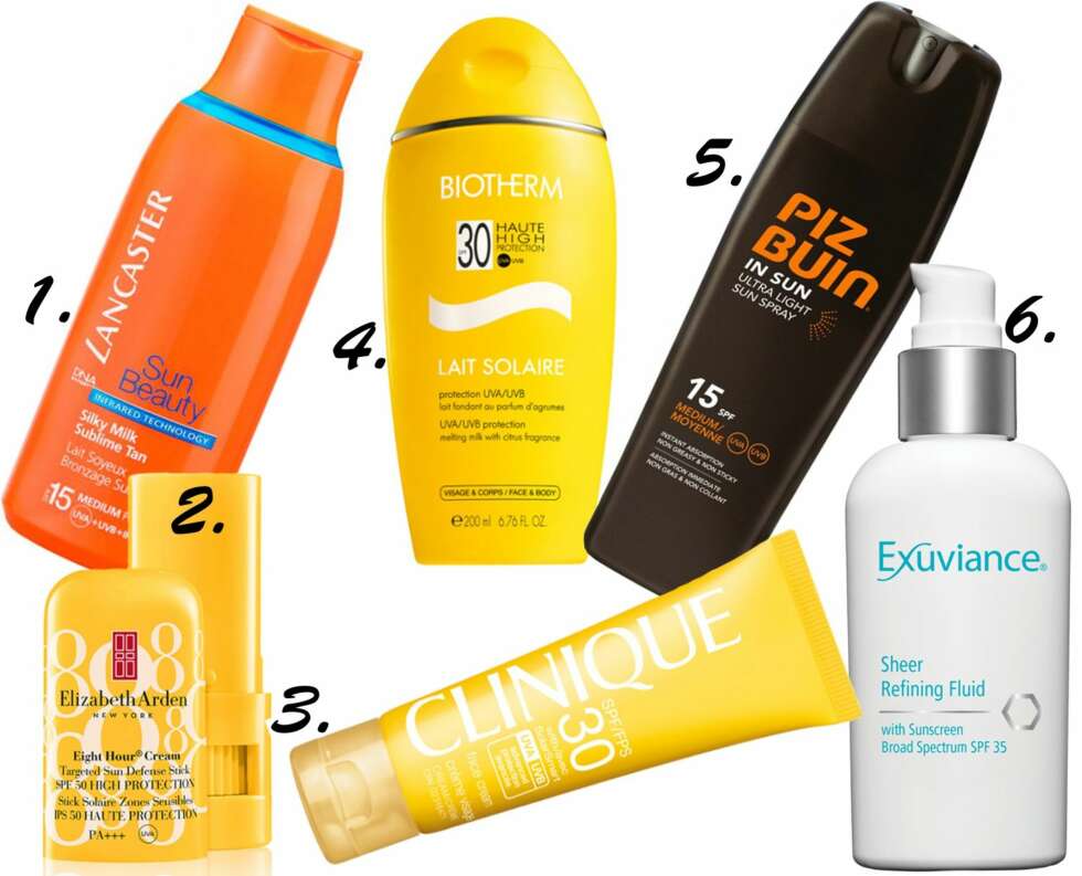 DIVERSE SOLKREMER: <b>1.</b> Lancaster Sun Beauty Silky Milk Sublime Tan SPF 15, kr 265. <b>2.</b> Elizabeth Arden Eight Hour Cream Targeted Sun Defense Stick SPF 50, kr 200. <b>3.</b> Clinique SPF 30 Face Cream , kr 220. <b>4.</b> Biotherm Lait Solaire SPF 30, kr 225. <b>5.</b> Piz Buin In Sun Ultra Light Sun Spray SPF 15, kr 165. <b>6.</b> Exuviance Sheer Refining Fluid SPF 35, kr 399 DIVERSE SOLKREMER: <b>1.</b> Lancaster Sun Beauty Silky Milk Sublime Tan SPF 15, kr 265. <b>2.</b> Elizabeth Arden Eight Hour Cream Targeted Sun Defense Stick SPF 50, kr 200. <b>3.</b> Clinique SPF 30 Face Cream , kr 220. <b>4.</b> Biotherm Lait Solaire SPF 30, kr 225. <b>5.</b> Piz Buin In Sun Ultra Light Sun Spray SPF 15, kr 165. <b>6.</b> Exuviance Sheer Refining Fluid SPF 35, kr 399