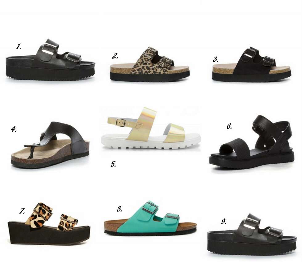 PLATFORM-SANDALER: 1. Dakota Platform fra Depeche (kr 699), 2. Leopard Slip-in fra Duffy (kr 299), 3. Slip-in fra Duffy (kr 299), 4. Sandal fra Skopunkten (kr 249), 5. Platin Comfort Sandal fra Bianco (kr 499), 6. Platå-sandal fra Vox (kr 299), 7. Jak Leather Platforms fra Asos.com (kr 474), 8. Arizona Leather Mint Green fra Birkinstock (kr 770), 9. Dakota Platform fra Depeche (kr 699). PLATFORM-SANDALER: 1. Dakota Platform fra Depeche (kr 699), 2. Leopard Slip-in fra Duffy (kr 299), 3. Slip-in fra Duffy (kr 299), 4. Sandal fra Skopunkten (kr 249), 5. Platin Comfort Sandal fra Bianco (kr 499), 6. Platå-sandal fra Vox (kr 299), 7. Jak Leather Platforms fra Asos.com (kr 474), 8. Arizona Leather Mint Green fra Birkinstock (kr 770), 9. Dakota Platform fra Depeche (kr 699).