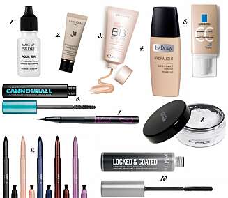 VANNFAST: 1. Aqua Seal fra Make Up For Ever ($21 hos Sephora.com), 2. Effacernes Undereye Concealer fra Lancome (kr ), 3. Skin Dream BB Cream SPF 30 fra Oriflame Beauty (kr 149), 4. Hydralight Foundation fra Isadora (kr 149), 5. Rosaliac CC Cream fra La Roche-Posay (kr 299), 6. Cannonball Ultra Waterproof Mascara fra Urban Decay ($20 fra Sephora.com), 7. Blink Precision Waterproof Eyeliner fra Barry M (kr 119), 8. Prep + Prime Transparent Finishing Powder Loose fra MAC (kr 200), 9. Smudge Crayon Waterproof Eye Color fra Stila (kr 230 per stk)., 10. Locked & Coated WaterProof Lash Top Coat fra Bare Minerals (kr 189). VANNFAST: 1. Aqua Seal fra Make Up For Ever ($21 hos Sephora.com), 2. Effacernes Undereye Concealer fra Lancome (kr ), 3. Skin Dream BB Cream SPF 30 fra Oriflame Beauty (kr 149), 4. Hydralight Foundation fra Isadora (kr 149), 5. Rosaliac CC Cream fra La Roche-Posay (kr 299), 6. Cannonball Ultra Waterproof Mascara fra Urban Decay ($20 fra Sephora.com), 7. Blink Precision Waterproof Eyeliner fra Barry M (kr 119), 8. Prep + Prime Transparent Finishing Powder Loose fra MAC (kr 200), 9. Smudge Crayon Waterproof Eye Color fra Stila (kr 230 per stk)., 10. Locked & Coated WaterProof Lash Top Coat fra Bare Minerals (kr 189).