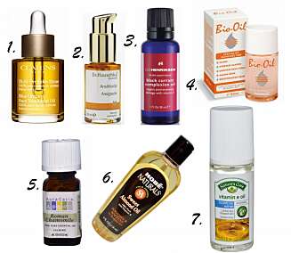 OLJER: 1. Face Treatment Oil Blue Orchid - dehydrert hud fra Clarins (kr 345), 2. Ansiktsolje fra Dr. Hauschka (kr 249), 3. Black Currant Complexion Oil fra Ole Henriksen (kr 425), 4. Bio Oil (kr 119,50), 5. Roman Chamomile 100% Pure Essential Oil fra Aura Cacia($14,03 hos iherb.com), 6. Sweet Almond Oil fra Hobe Labs Naturals ($3,95 hos iherb.com), 7. Vitamin E Oil (32,000 IU) Roll-on fra Nature's Gate ($7,30 hos iherb.com). OLJER: 1. Face Treatment Oil Blue Orchid - dehydrert hud fra Clarins (kr 345), 2. Ansiktsolje fra Dr. Hauschka (kr 249), 3. Black Currant Complexion Oil fra Ole Henriksen (kr 425), 4. Bio Oil (kr 119,50), 5. Roman Chamomile 100% Pure Essential Oil fra Aura Cacia($14,03 hos iherb.com), 6. Sweet Almond Oil fra Hobe Labs Naturals ($3,95 hos iherb.com), 7. Vitamin E Oil (32,000 IU) Roll-on fra Nature's Gate ($7,30 hos iherb.com).