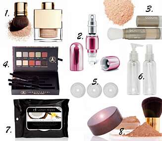 HÅNBAGASJEN: 1. Skin Illusion Loose Powder Foundation fra Clarins (kr 395), 2. Parfymeflakong fra Flo (kr 149 hos handysize.no), 3. Pro Brush Mineral Foundation spf 20 fra Colorescience (kr 595), 4. Lavish Palette fra Anastasia (kr 495), 5. Refillkrukker 3 stk à 15 gram fra QVS (kr 49 hos hanysize.no), 6. Refill spray & pumpeflaske fra QVS (kr 49 hos hanysize.no), 7. Lotion Wipes fra e.l.f (kr 42), 8. Mineral Foundation fra Gaya (kr 539). HÅNBAGASJEN: 1. Skin Illusion Loose Powder Foundation fra Clarins (kr 395), 2. Parfymeflakong fra Flo (kr 149 hos handysize.no), 3. Pro Brush Mineral Foundation spf 20 fra Colorescience (kr 595), 4. Lavish Palette fra Anastasia (kr 495), 5. Refillkrukker 3 stk à 15 gram fra QVS (kr 49 hos hanysize.no), 6. Refill spray & pumpeflaske fra QVS (kr 49 hos hanysize.no), 7. Lotion Wipes fra e.l.f (kr 42), 8. Mineral Foundation fra Gaya (kr 539).
