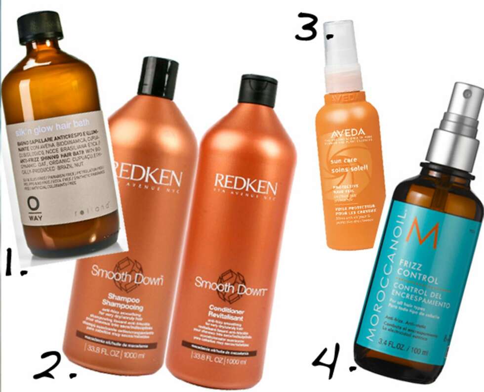 REDDER HÅRET: 1. O-Way Silk'n Glow Hair Bath, kr 229 2. Redken Smooth Down, sjampo kr 449 for 1000 ml, balsam kr 469 for 1000 ml. 3. Aveda Sun Care Protective Hair Veil, kr 329 4. Moroccan Oil Frizz Control, kr 299. REDDER HÅRET: 1. O-Way Silk'n Glow Hair Bath, kr 229 2. Redken Smooth Down, sjampo kr 449 for 1000 ml, balsam kr 469 for 1000 ml. 3. Aveda Sun Care Protective Hair Veil, kr 329 4. Moroccan Oil Frizz Control, kr 299.
