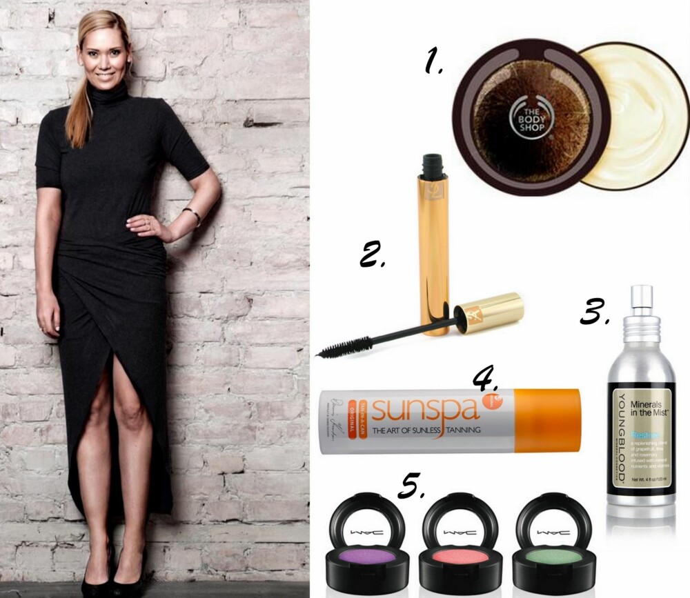 SKJØNNHETSFAVORITTENE TIL MARTHE KVELI VALEBERG: 1. Coconut Body Butter fra The Body Shop (kr 179), 2. Volume Effect Faux Cils Luxurious Mascara fra Yves Saint Laurent (kr 230), 3.Minerals In The Mists Restore fra Youngblood (Kr 295), 4. Tan in a Can Original fra SunSpa (kr 269), 5. Eyeshadows fra MAC (kr 160 pr stk). SKJØNNHETSFAVORITTENE TIL MARTHE KVELI VALEBERG: 1. Coconut Body Butter fra The Body Shop (kr 179), 2. Volume Effect Faux Cils Luxurious Mascara fra Yves Saint Laurent (kr 230), 3.Minerals In The Mists Restore fra Youngblood (Kr 295), 4. Tan in a Can Original fra SunSpa (kr 269), 5. Eyeshadows fra MAC (kr 160 pr stk).