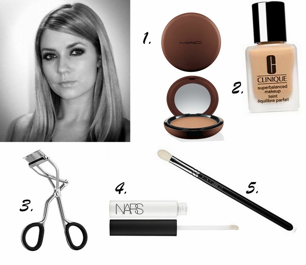 SKJØNNHETSFAVORITTENE TIL INGRID P. EIDE: 1. Temperature Rising Pro Longwear Bronzer i fargen Sun Dipped fra MAC (kr 270), 2. Superbalanced Makeup Teint fra Clinique (kr 285), 3. Eye Las Curler fra Shu Uemura ($17 hos Sephora), 4. Smudge Proof Eyeshadow Base fra Nars (kr 250), 5. Blending Brush #217 fra MAC (kr 200). SKJØNNHETSFAVORITTENE TIL INGRID P. EIDE: 1. Temperature Rising Pro Longwear Bronzer i fargen Sun Dipped fra MAC (kr 270), 2. Superbalanced Makeup Teint fra Clinique (kr 285), 3. Eye Las Curler fra Shu Uemura ($17 hos Sephora), 4. Smudge Proof Eyeshadow Base fra Nars (kr 250), 5. Blending Brush #217 fra MAC (kr 200).