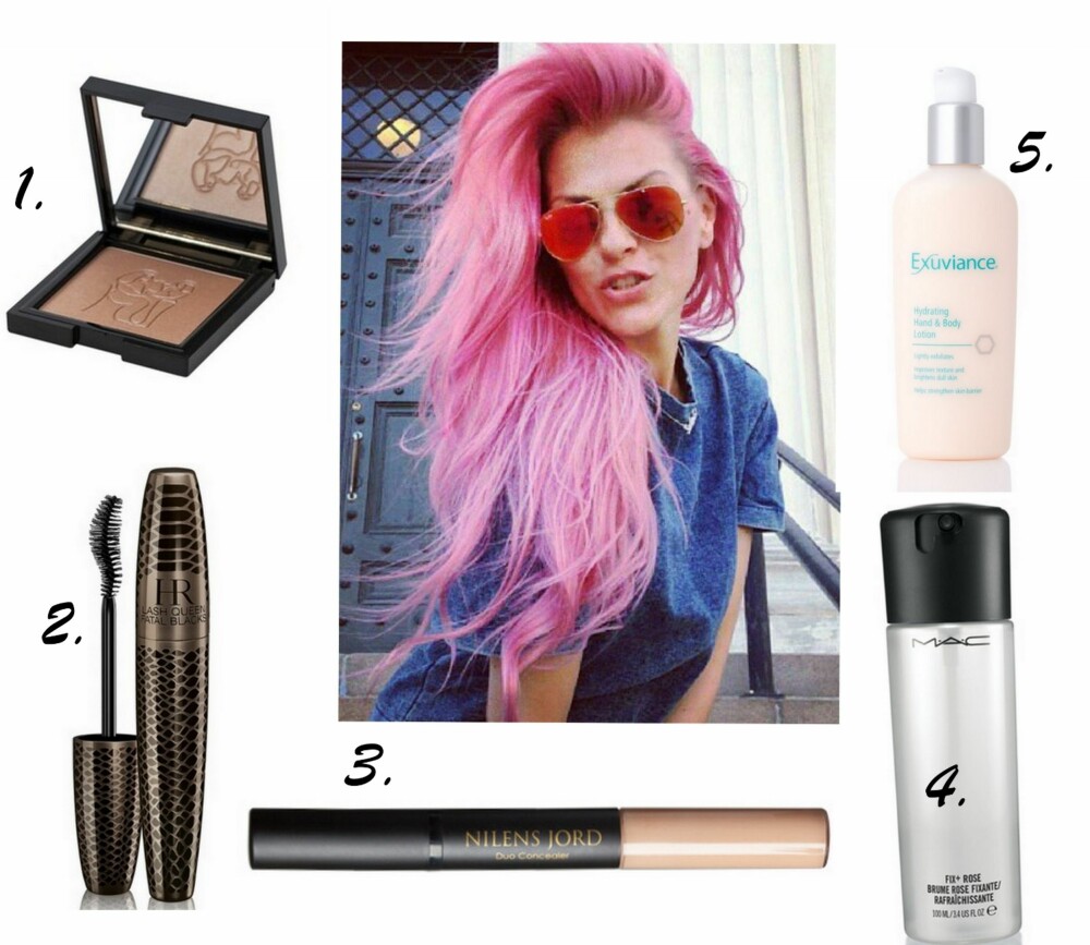 SKJØNNHETSFAVORITTENE TIL PIA RUUD: 1. Dark Pearly Compact Powder fra Nilens Jord (kr 299), 2. Lash Queen Fatal Blacks Mascara fra Helena Rubinstein (kr 315), 3. Duo Concealer fra Nilens Jord (kr 239), 4. Fix+ fra MAC (kr 175), 5. Hydrating Hand & Body lotion fra Exuviance (kr 349). SKJØNNHETSFAVORITTENE TIL PIA RUUD: 1. Dark Pearly Compact Powder fra Nilens Jord (kr 299), 2. Lash Queen Fatal Blacks Mascara fra Helena Rubinstein (kr 315), 3. Duo Concealer fra Nilens Jord (kr 239), 4. Fix+ fra MAC (kr 175), 5. Hydrating Hand & Body lotion fra Exuviance (kr 349).