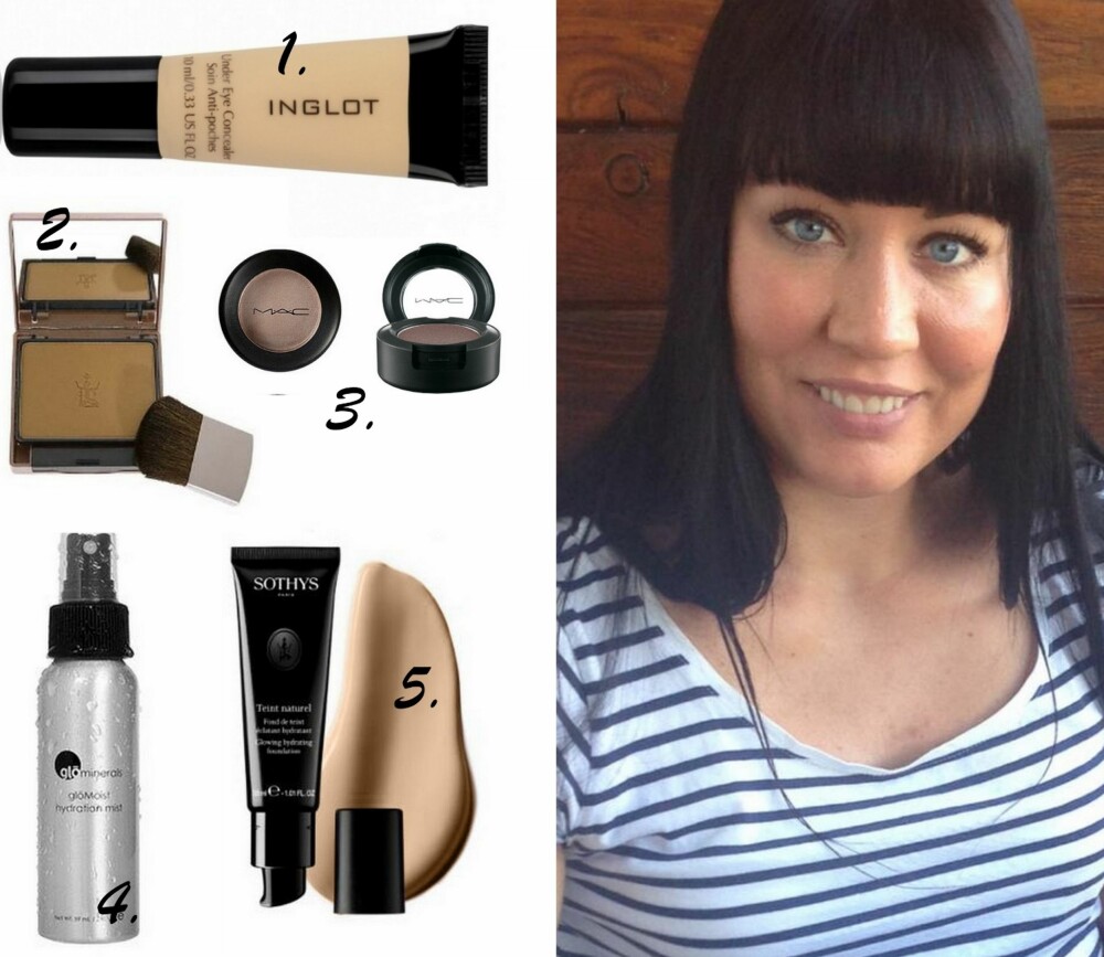SKJØNNHETSFAVORITTENE TIL JANNE RØHMEN: 1. Under Eye Concealer fra Inglot (kr 150), 2. Velvet Bronzing Powder fra Sothys, 3. Eyeshadows fra MAC (kr 160 pr stk), 4. GloMoist Hydration Mist fra Glo Minerals (kr 235), 5. Glowing Hydrating Foundation fra Sothys. SKJØNNHETSFAVORITTENE TIL JANNE RØHMEN: 1. Under Eye Concealer fra Inglot (kr 150), 2. Velvet Bronzing Powder fra Sothys, 3. Eyeshadows fra MAC (kr 160 pr stk), 4. GloMoist Hydration Mist fra Glo Minerals (kr 235), 5. Glowing Hydrating Foundation fra Sothys.
