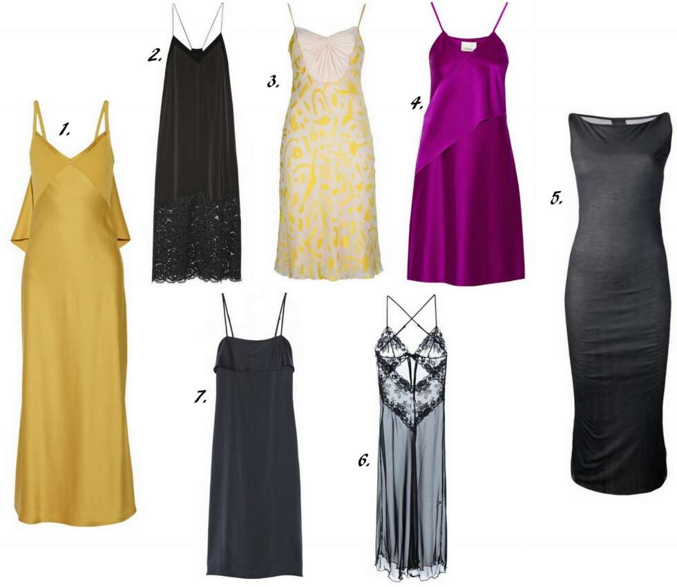 DESIGNER SLIP DRESS: 1. Ruffles Satin-Crepe Gown fra Jason Wu (¿3,115 hos Net a Porter), 2. Lace-Trimmed Satin Midi Dress fra DKNY (¿350 hos Net a Porter), 3. Slip Dress fra Basso & Brooke Vintage (¿196 hos Farfecth), 4. Stretch-satin Slip Dress fra 3.1 Philip Li (¿751 hos Net a Porter), 5. Tank Slip Dress fra Rick Owens (¿ 335,98 hos Farfetch), 6. Sheer Lace Long Slip fra Christies (¿276,78 hos Farfetch), 7. Silk-satin Slip Dress fra Theory (¿567 hos Net a Porter). DESIGNER SLIP DRESS: 1. Ruffles Satin-Crepe Gown fra Jason Wu (¿3,115 hos Net a Porter), 2. Lace-Trimmed Satin Midi Dress fra DKNY (¿350 hos Net a Porter), 3. Slip Dress fra Basso & Brooke Vintage (¿196 hos Farfecth), 4. Stretch-satin Slip Dress fra 3.1 Philip Li (¿751 hos Net a Porter), 5. Tank Slip Dress fra Rick Owens (¿ 335,98 hos Farfetch), 6. Sheer Lace Long Slip fra Christies (¿276,78 hos Farfetch), 7. Silk-satin Slip Dress fra Theory (¿567 hos Net a Porter).