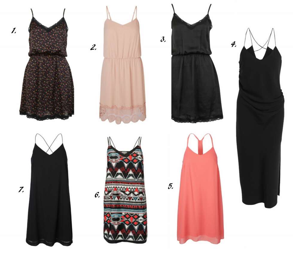 KJEDEBUTIKKENES SLIP DRESS: 1. Slip Dress fra Bok Bok (kr 249), 2. Crochet Short Dress fra Vero Moda (kr 349,95), 3. Iris Kjole fra Bik Bok (kr 249), 4. Halvlang Slip Dress fra Lindex (kr 299), 5. Back Strap Short Dress fra Vero Moda (kr 299,95), 6. Double Strap Summer Short Dress fra Vero Moda (kr 199,95), 7. Summer Short Dress fra Vero Moda (kr 199,95). KJEDEBUTIKKENES SLIP DRESS: 1. Slip Dress fra Bok Bok (kr 249), 2. Crochet Short Dress fra Vero Moda (kr 349,95), 3. Iris Kjole fra Bik Bok (kr 249), 4. Halvlang Slip Dress fra Lindex (kr 299), 5. Back Strap Short Dress fra Vero Moda (kr 299,95), 6. Double Strap Summer Short Dress fra Vero Moda (kr 199,95), 7. Summer Short Dress fra Vero Moda (kr 199,95).
