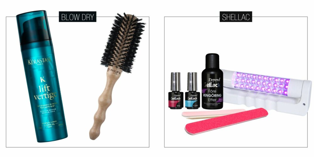 GJØR DET HJEMME: Blow dry er en kunst, men med litt trening får du det til du også. Har du forresten hørt om shellac? Nå har det kommet konkurrenter til hjemmebruk. Vi liker godt Depend sin gel-lack. Gele fra Kerastase Lift vertige, kr 295, Rundbørste fra Philip B, kr 670, Shellac fra depend, kr 449, neglfil fra HM, kr 20. GJØR DET HJEMME: Blow dry er en kunst, men med litt trening får du det til du også. Har du forresten hørt om shellac? Nå har det kommet konkurrenter til hjemmebruk. Vi liker godt Depend sin gel-lack. Gele fra Kerastase Lift vertige, kr 295, Rundbørste fra Philip B, kr 670, Shellac fra depend, kr 449, neglfil fra HM, kr 20.