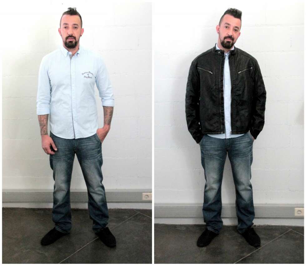 HVERDAG: Blå skjorte fra Kappahl, kr 399. Jeans fra Kappahl, kr 499. Skinnjakke fra Kappahl, kr 899. HVERDAG: Blå skjorte fra Kappahl, kr 399. Jeans fra Kappahl, kr 499. Skinnjakke fra Kappahl, kr 899.