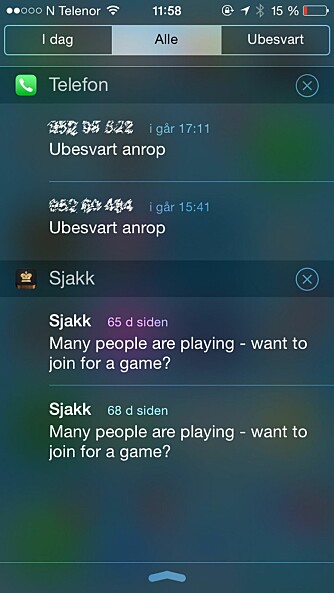 VARSLINGSSENTERET: Denne funksjonen kan du ikke slå av i iPhone, men du kan fjerne mange elementer slik at det fremstår som mindre plagsomt og mer informativt. VARSLINGSSENTERET: Denne funksjonen kan du ikke slå av i iPhone, men du kan fjerne mange elementer slik at det fremstår som mindre plagsomt og mer informativt.