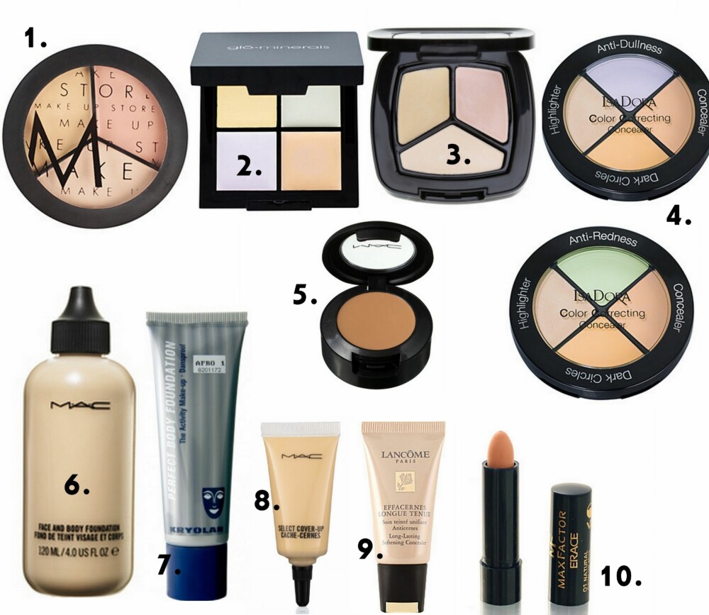 DEKK OG NØYTRALISER: 1. Cover All Mix Concealer fra Make Up Store (kr 285), 2. Corrective Camouflage Kit fra Glo Minerals (kr 259), 3. Concealer Trio Cover & Correct Neutral fra Kicks (kr 139), 4. Color Correcting Concealer fra Isadora (kr 159), 5. Studio Finish SPF 35 Concealer fra MAC (kr 135), 6. Face & Body Foundation fra MAC (kr 300), 7. Perfect Body Makeup Foundation Danseproof fra Kryolan (kr 190 hos Visage), 8. Select Cover-Up fra Mac (kr 170), 9. Effacernes Longue Tenue fra Lancôme (kr 305), 10. Erace Stick Concealer fra Max Factor (kr 89). DEKK OG NØYTRALISER: 1. Cover All Mix Concealer fra Make Up Store (kr 285), 2. Corrective Camouflage Kit fra Glo Minerals (kr 259), 3. Concealer Trio Cover & Correct Neutral fra Kicks (kr 139), 4. Color Correcting Concealer fra Isadora (kr 159), 5. Studio Finish SPF 35 Concealer fra MAC (kr 135), 6. Face & Body Foundation fra MAC (kr 300), 7. Perfect Body Makeup Foundation Danseproof fra Kryolan (kr 190 hos Visage), 8. Select Cover-Up fra Mac (kr 170), 9. Effacernes Longue Tenue fra Lancôme (kr 305), 10. Erace Stick Concealer fra Max Factor (kr 89).