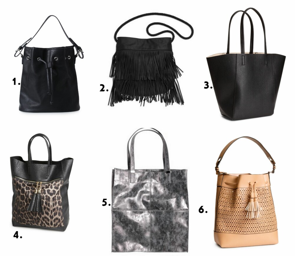 TOTES & BUCKETS: 1. Bucket Bag fra MQ (kr 399), 2. Frynsete tote-bag fra Kappahl (kr 249), 3. Sort tote-bag fra H&M (kr 199), 4. Tote-bag med dyreprint fra Lindex (kr 299), 5. Tote-bag fra Kappahl (kr 199), 6. Bucket-veske fra H&M (kr 199). TOTES & BUCKETS: 1. Bucket Bag fra MQ (kr 399), 2. Frynsete tote-bag fra Kappahl (kr 249), 3. Sort tote-bag fra H&M (kr 199), 4. Tote-bag med dyreprint fra Lindex (kr 299), 5. Tote-bag fra Kappahl (kr 199), 6. Bucket-veske fra H&M (kr 199).