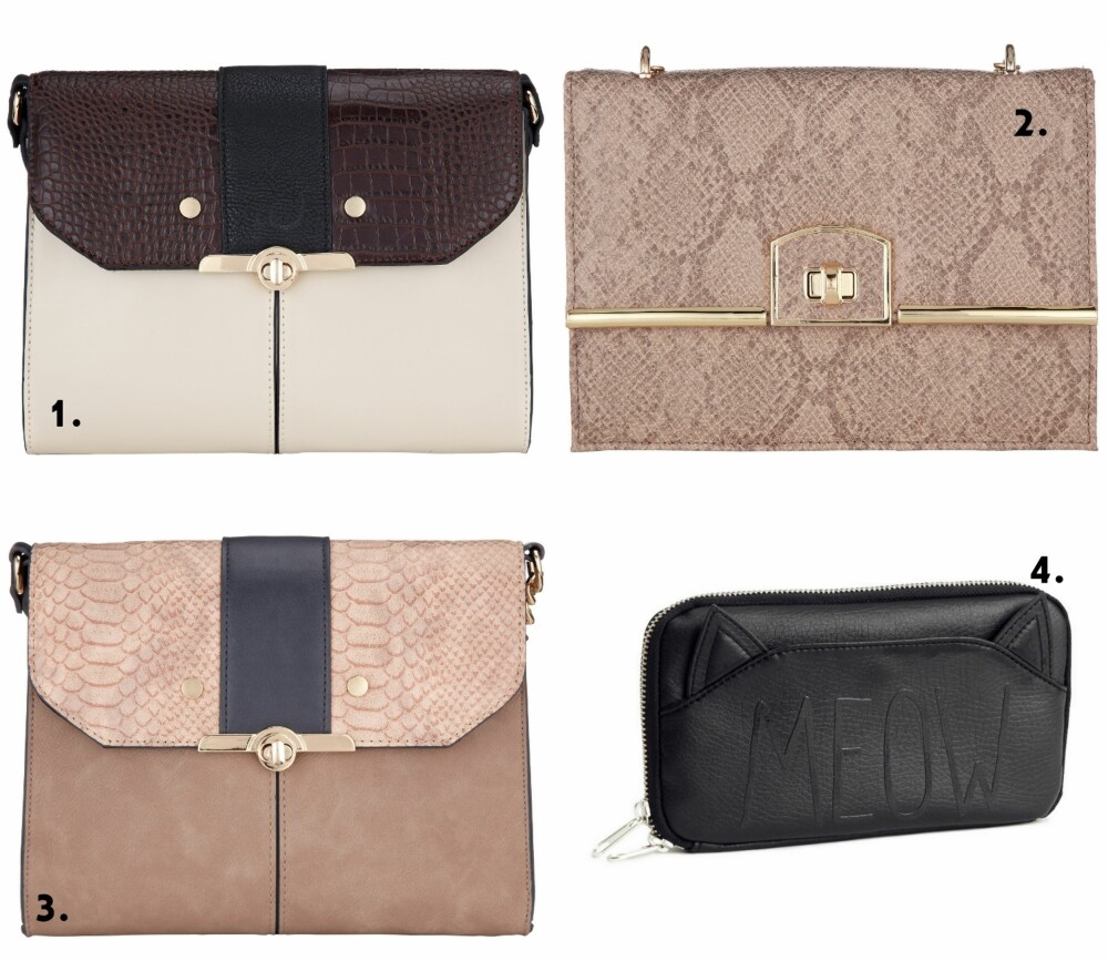 CLUTCH: 1. Veske fra Accessorize (kr 355), 2. Clutch fra Accessorize (kr 325), 3. Clutch-Veske fra Accessorize (kr 355), 4. Meow Lommebok-Clutch fra H&M (kr 129). CLUTCH: 1. Veske fra Accessorize (kr 355), 2. Clutch fra Accessorize (kr 325), 3. Clutch-Veske fra Accessorize (kr 355), 4. Meow Lommebok-Clutch fra H&M (kr 129).