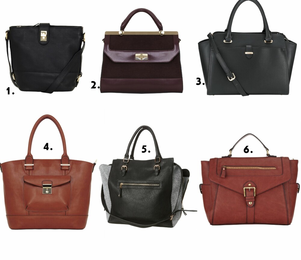 KLASSIKERE: 1. Leather Small Bucket Saddle Bagfra Accessorize (kr 499), 2. Sofia Handheld veske fra Accessorize (kr 455), 3. Melissa Winged and held fra Accessorize (kr455), 5. Miranda Pocket Tote fra Accessorize (kr 499), 6. Clara Bag fra Gina Tricot (kr 349), 7. Willesden Satchel fra Accessorize (kr 455). KLASSIKERE: 1. Leather Small Bucket Saddle Bagfra Accessorize (kr 499), 2. Sofia Handheld veske fra Accessorize (kr 455), 3. Melissa Winged and held fra Accessorize (kr455), 5. Miranda Pocket Tote fra Accessorize (kr 499), 6. Clara Bag fra Gina Tricot (kr 349), 7. Willesden Satchel fra Accessorize (kr 455).