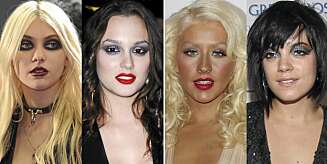 FOR MYE: Taylor Momsen og Leighton Meester har brukt sterk sminke på både øyne og munn, Christian Aguilera har rett og slett bare altfor mye sminke på seg i hele ansiktet, mens Lily Allen sin øyneskygge er altfor mye. FOR MYE: Taylor Momsen og Leighton Meester har brukt sterk sminke på både øyne og munn, Christian Aguilera har rett og slett bare altfor mye sminke på seg i hele ansiktet, mens Lily Allen sin øyneskygge er altfor mye.